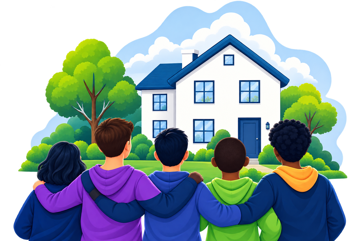 Young people with arms around each other looking towards a home
